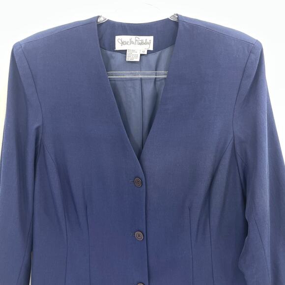 DIANE VON FURSTENBERG Collarless Blazer Jacket Size 12 Blue Cotton Silk Button - Picture 3 of 8